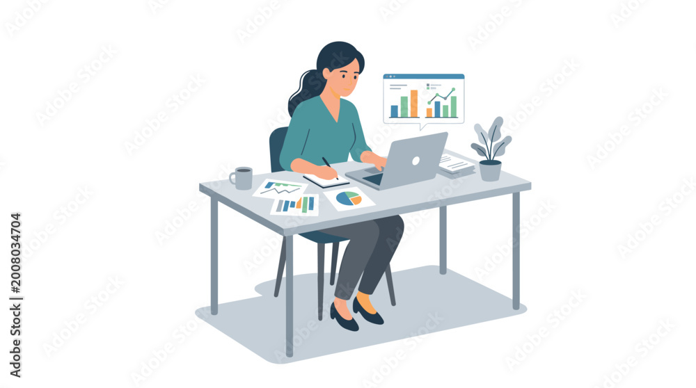 Fototapeta premium Businesswoman at Desk with Laptop and Charts Focused on Work.