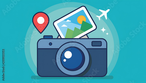 Camera with tablet and location pin.
