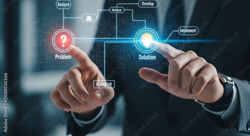 Fototapeta premium Problem solving concept. A consultant's hands connect a 'problem' icon (question mark) to a 'solution' icon (lightbulb) on a holographic flowchart.