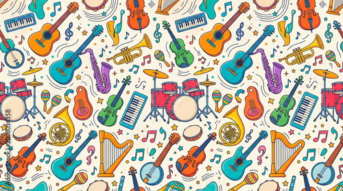 seamless pattern with musical notes and instruments