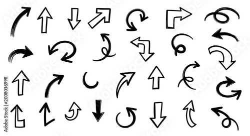 Collection of Hand Drawn Arrows Icons, Doodle Style, Isolated on White Background, Design Elements