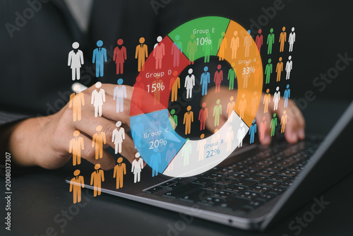 фотографія Businessperson analyzing statistical data on laptop, representing demographic analysis, market segmentation, target audience insights, and data-driven marketing strategy