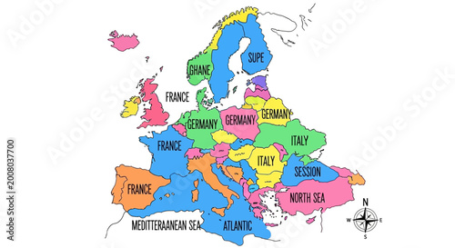 Colorful Europe Map Illustration with Country Labels and Water Bodies, Copy Space