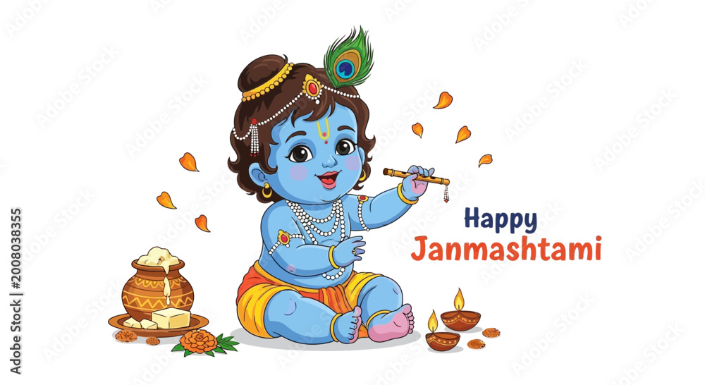 Naklejka premium Cute baby Krishna illustration with flute and butter pot, copy space