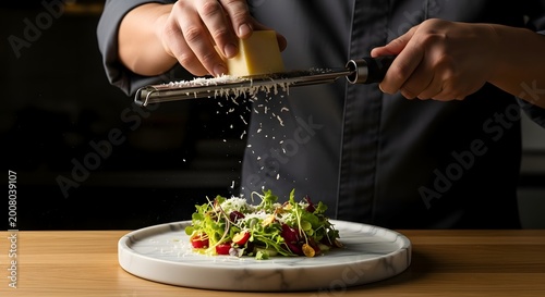 Chef Grating Fresh Parmesan Cheese Over Gourmet Salad.