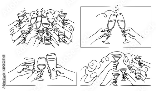 Photos Continuous line art celebration vector set with champagne and wine glasses clink