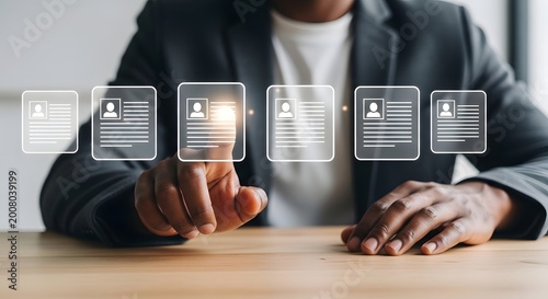 HR Manager reviewing professional resumes on a digital virtual interface for recruitment.