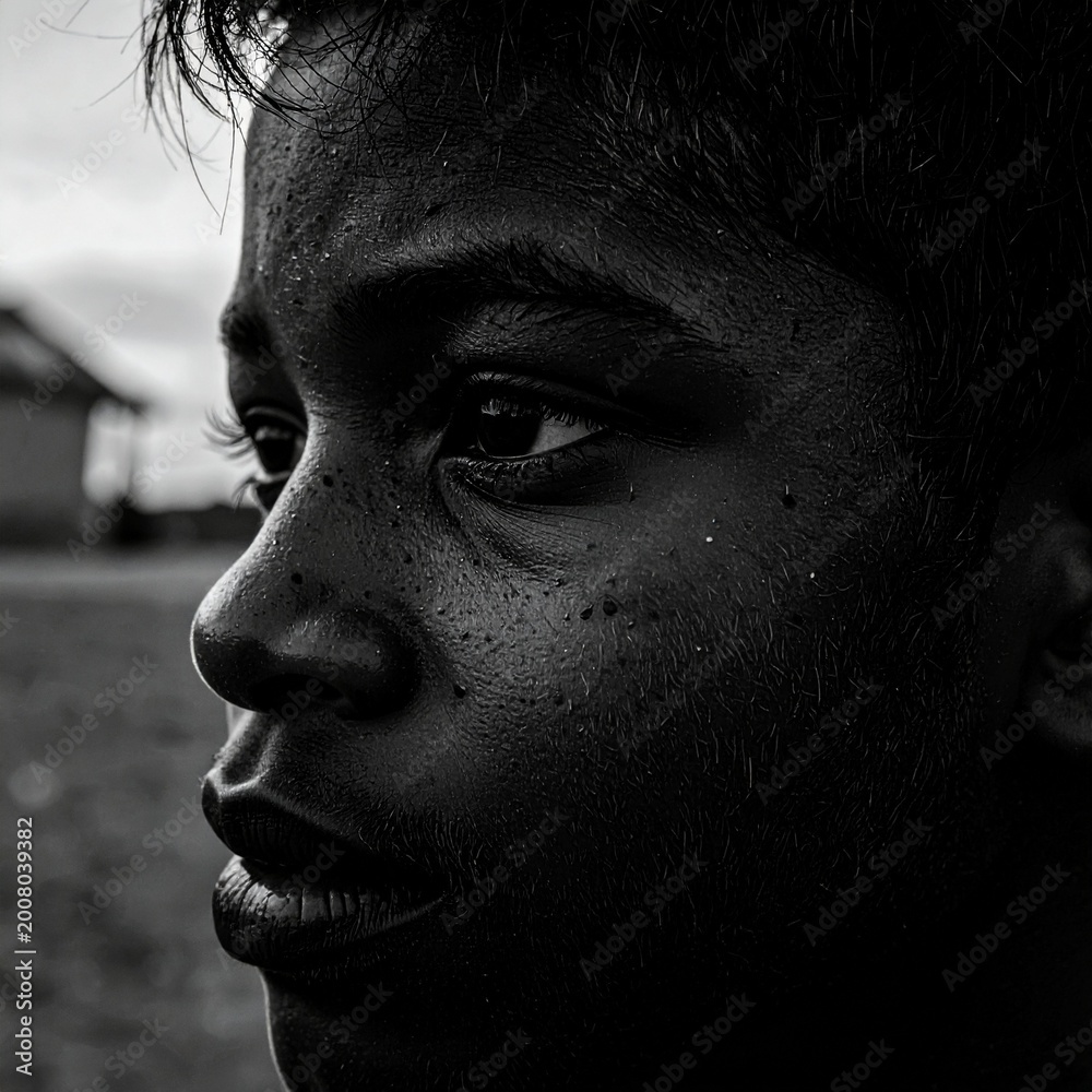 Naklejka premium photorealistic portrait featuring african american teenager boy caught in a moment of reflection