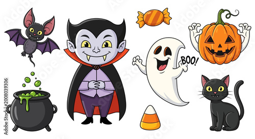 Cute Halloween Characters Illustration with Copy Space for Design