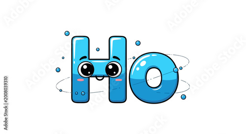 Cute H2O cartoon character, water molecule illustration, science education, kids fun