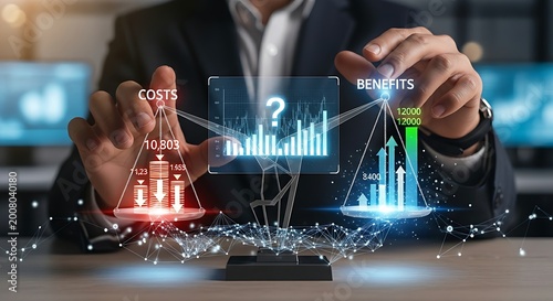 Cost-benefit analysis. An analyst's hands balance 'costs' and 'benefits' on a holographic scale to make an investment decision.