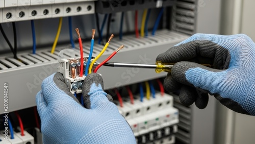An electrician's gloved hands wiring an electrical panel with a screwdriver.
