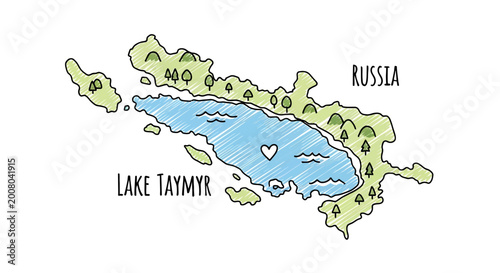 Hand Drawn Lake Taymyr Map Illustration with Russia Label and Copy Space
