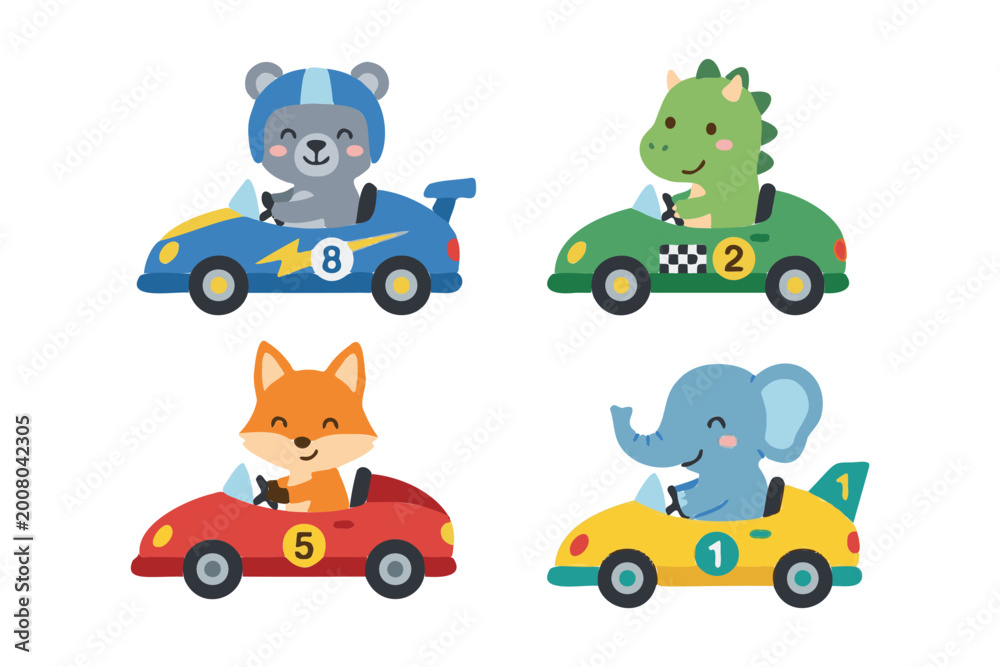 Obraz premium Cute Animals Driving Racing Cars Collection, Fox, Elephant, Dinosaur and Bear in Colorful Vehicles, Flat Vector Character Design for Children