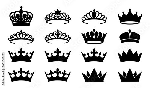 Billede på lærred Minimal royal crown silhouette icons set with king queen tiara and luxury corone