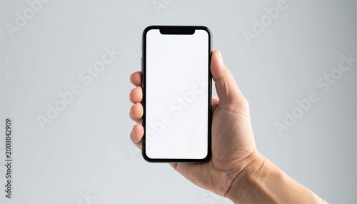Hand holding smartphone with blank white screen for mockup on gray background.