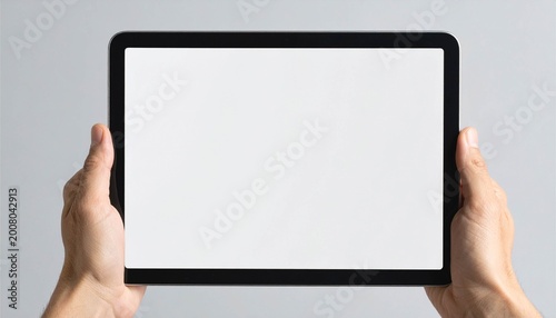 Front view of person holding tablet computer, empty display for digital content.