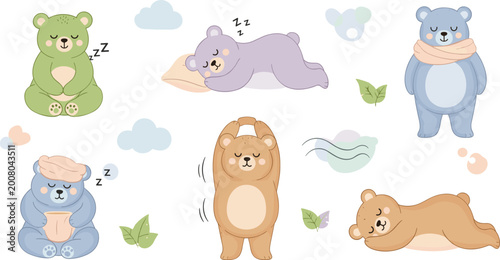 Foto Cute Sleeping Bear Character Set with Pastel Teddy Bears Napping, Stretching, an