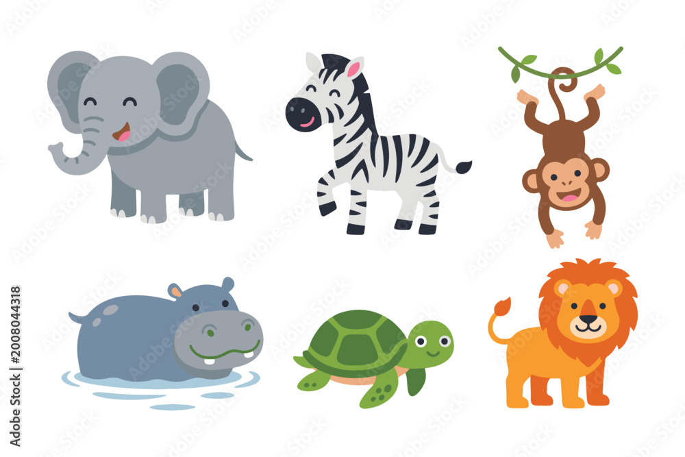 Naklejka premium Cute Safari Animal Character Set, Elephant, Zebra, Monkey, Hippo, Turtle, and Lion, Flat Vector Illustration for Kids Nursery