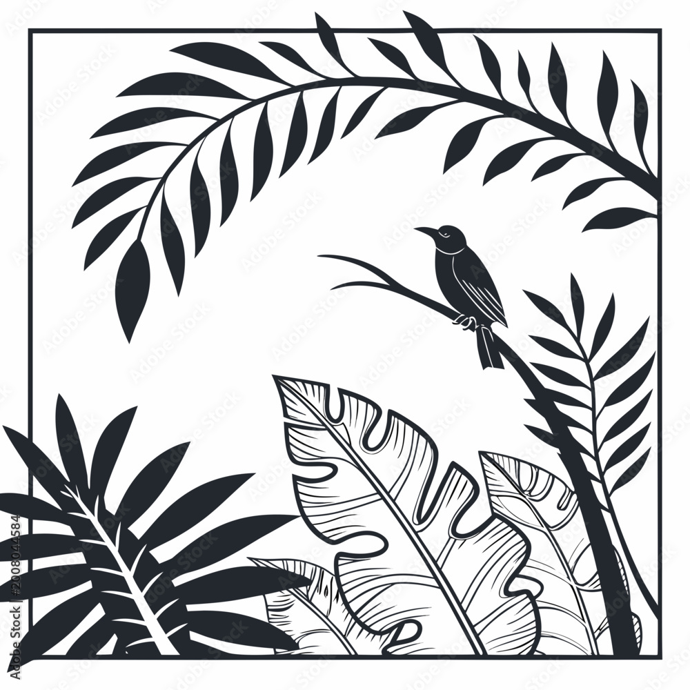 Obraz premium Monochrome tropical bird on branch surrounded by lush leaves in square frame