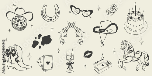 Western cowgirl theme with pink cowboy hats, boots and disco ball elements. Hand drawn doodle illustrations for bachelorette parties, horseshoes and retro vibes.