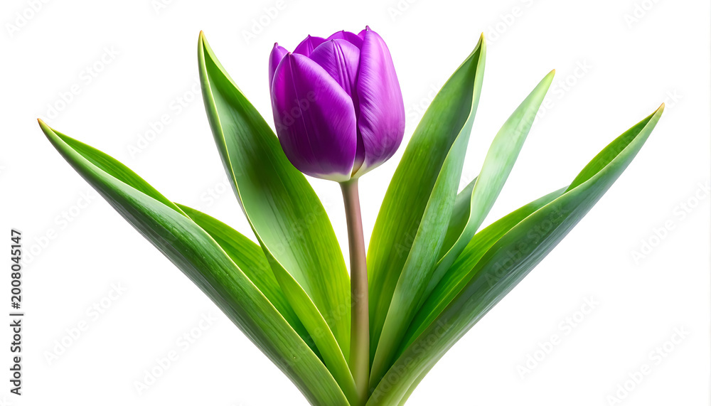 Obraz premium Vibrant purple tulip bloom with green leaves and water droplets, isolated on white background, spring beauty and nature element