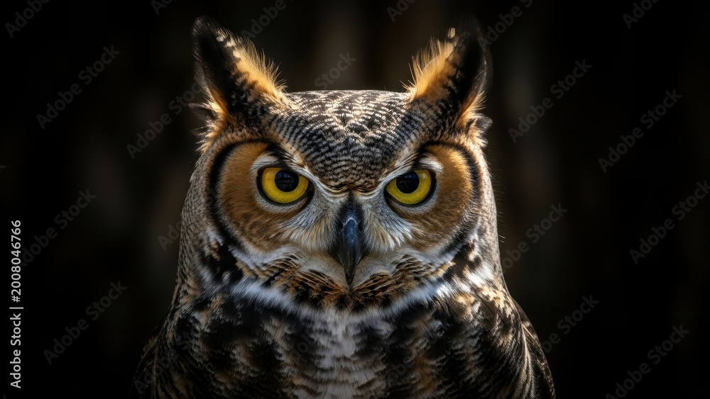 Obraz premium An intense, dramatic portrait of a great horned owl.
