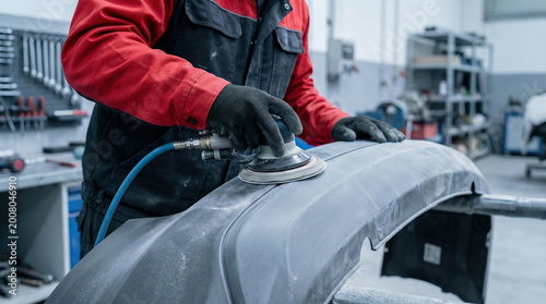 Automotive repair, mechanic sanding car bumper with orbital sander in auto body shop, vehicle maintenance service concept.