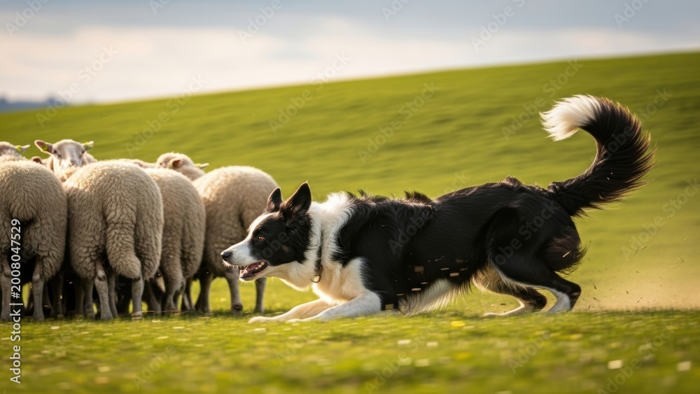 Obraz premium An intense Border Collie dog working to herd sheep.