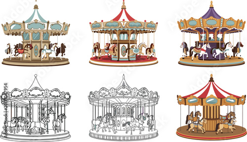 Foto Carousel merry go round set with colorful and outline versions, amusement park r