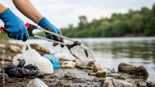 A person cleaning up plastic waste from a riverbank with a litter picker.
