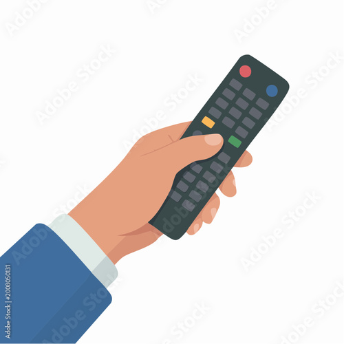 Hand holding a remote control device with colorful buttons on white background
