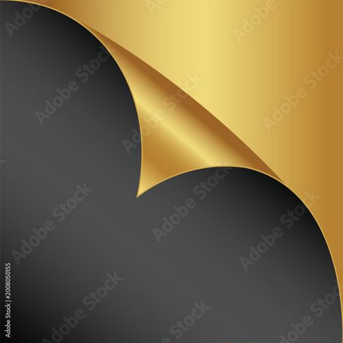 Colorful realistic 3d sheet black and gold page curl corner effect.