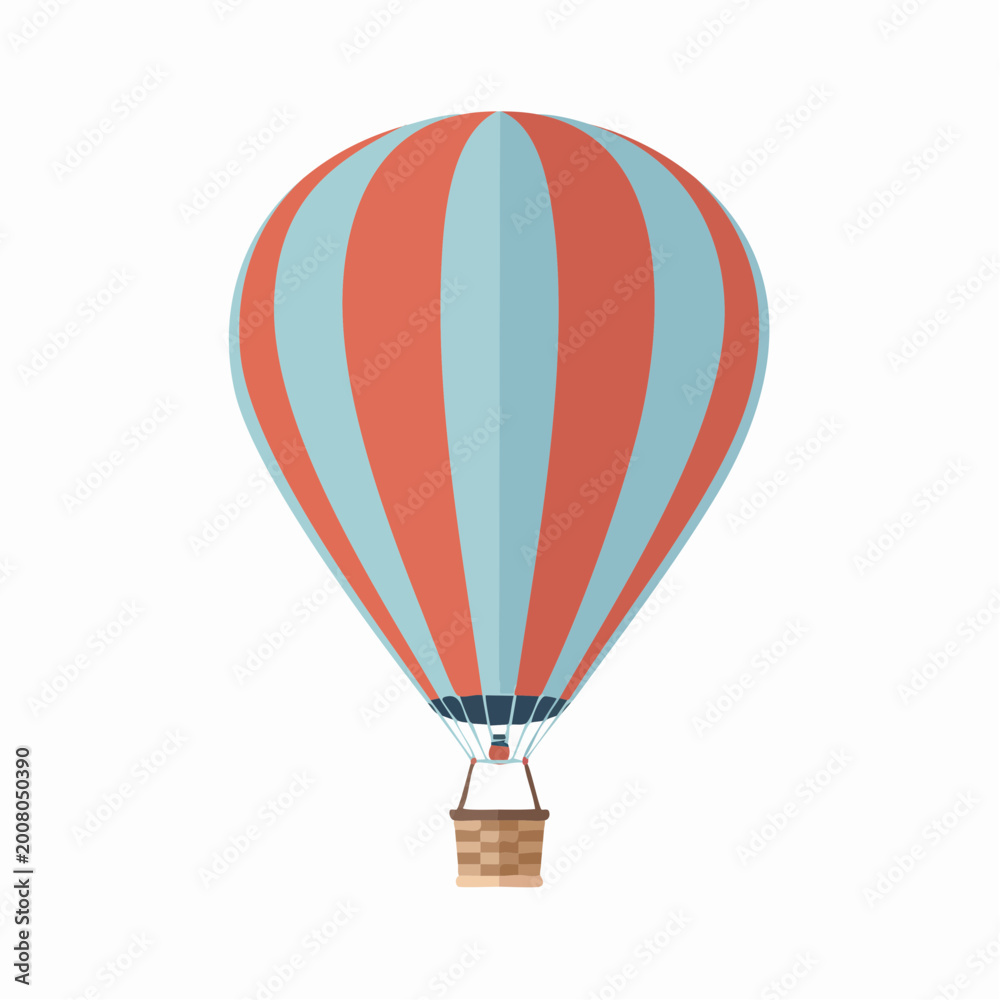 Fototapeta premium Colorful hot air balloon illustration with red and blue stripes on white background