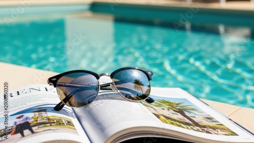 Stylish sunglasses on a magazine by the pool, with a palm tree reflection.