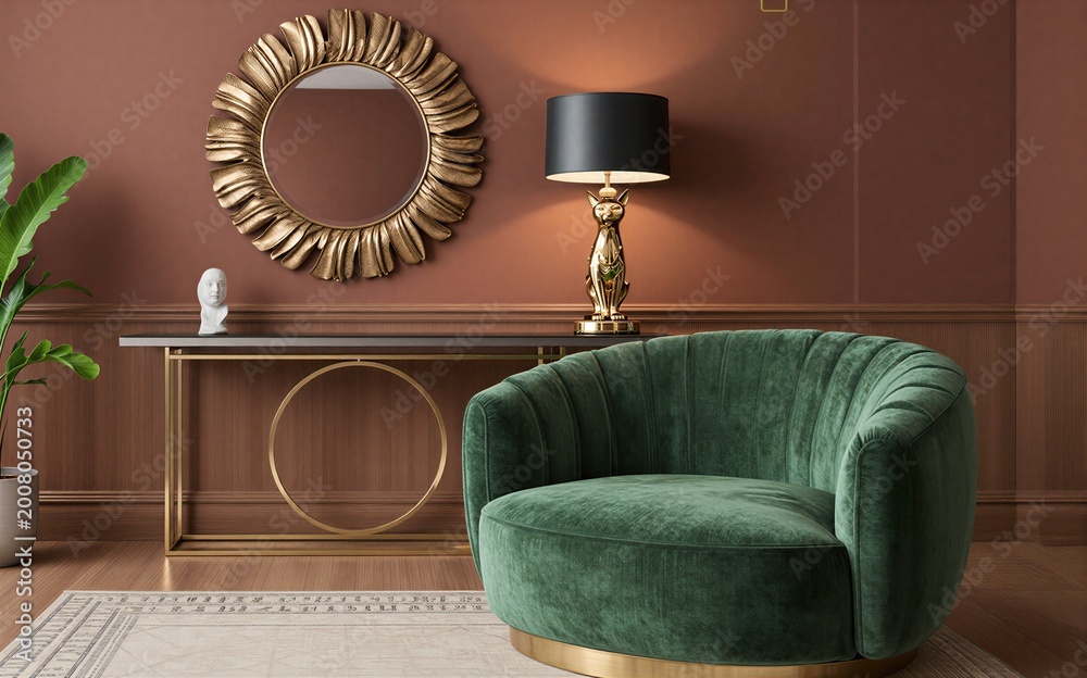 Fototapeta premium Luxury green velvet chair beside gold console table and sunburst