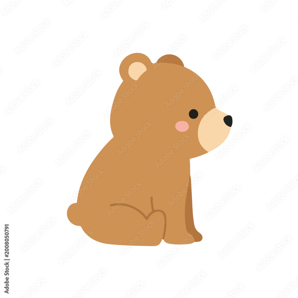 Fototapeta premium Cute Baby Bear Character Illustration, Kawaii Little Brown Bear Sitting Side View, Flat Vector Mascot for Nursery and Kids Décor