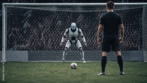 futuristic goalkeeper robot saving penalty kick on soccer field in dramatic lighting