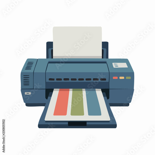 Colorful office printer with paper coming out showing red green and blue colors
