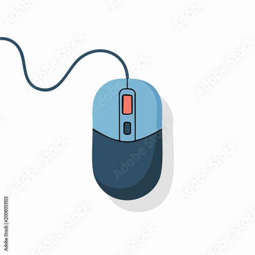 Modern blue computer mouse with cord and red button on white background