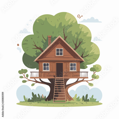 Whimsical cartoon treehouse with wooden stairs and balcony nestled in large green tree