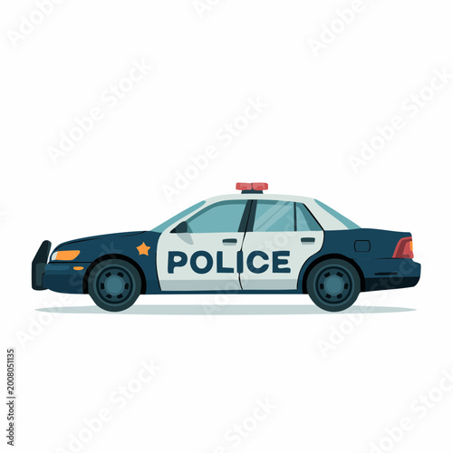 Modern police car illustration with flashing red light on top and police text on side