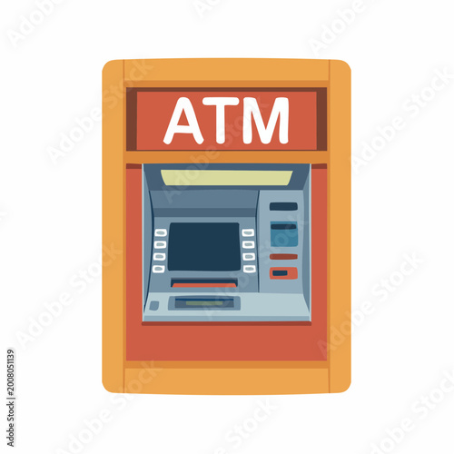 Colorful ATM machine icon illustration with orange and blue details on white background