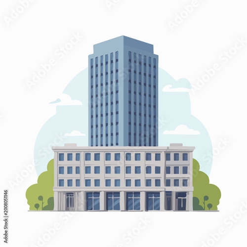 Modern blue and white corporate office building illustration with green trees and blue sky