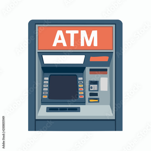 Illustration of a modern ATM machine with orange and blue colors on a white background