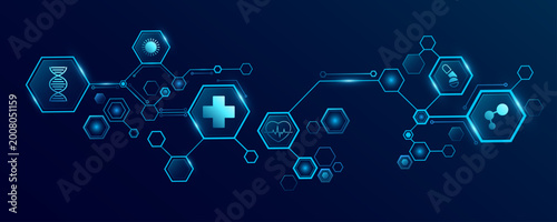 Medical technology diagram featuring interconnected glowing hexagons with healthcare icons on dark blue background. Digital Health concept for medicine scientific research presentation. Vector.