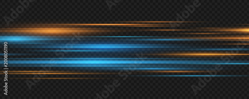 Abstract glowing light streaks with dynamic blue and orange neon beams on a dark transparent backdrop. Motion blur effect creates a sense of speed and energy for futuristic technology. Vector.