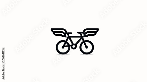 Black graphic of a bicycle with stylized wings, set against a solid white background