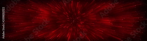 Intense red light streaks radiating outwards from a central point against a dark background with scattered red particles creating a dramatic and energetic visual effect