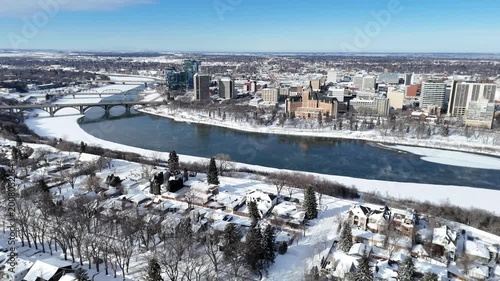 Drone view shows Saskatoon's snow-covered downtown